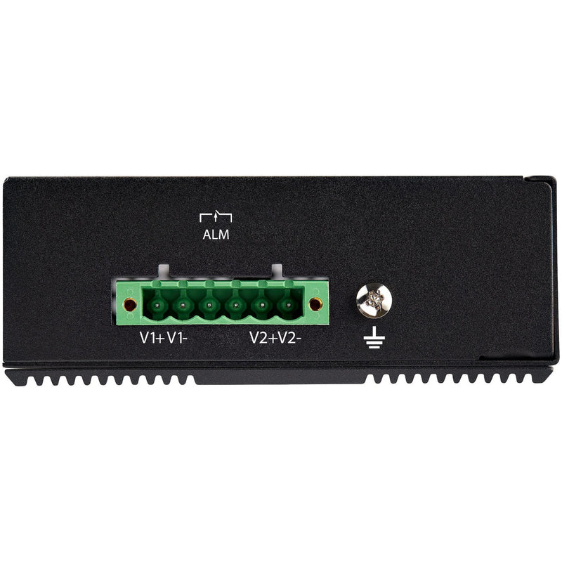 Rear view of StarTech.com industrial PoE+ switch showing terminal block power connections and grounding point