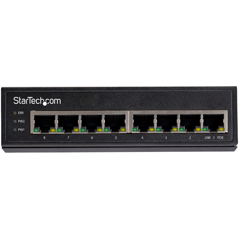 Front view of StarTech.com 8-port industrial PoE+ switch showing Gigabit Ethernet ports and status LEDs