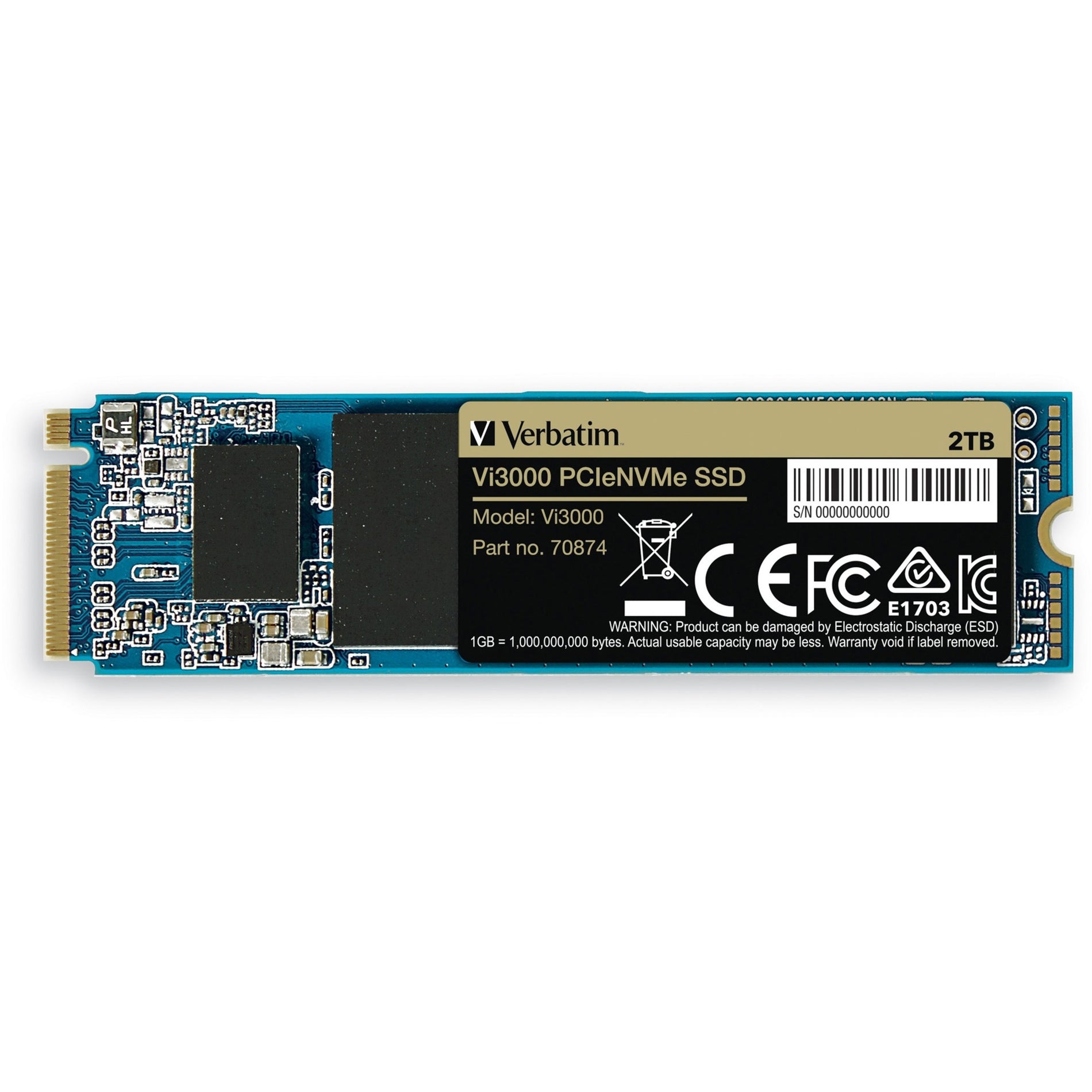 Verbatim 70874 2TB Vi3000 PCIe NVMe M.2 2280 Internal SSD, 5 Year Warranty, 1200 TB Endurance, 3000 MB/s Read Speed