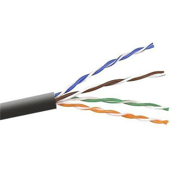 Close-up view of Belkin Cat5E cable internal twisted pair construction showing blue, brown, green and orange wire pairs