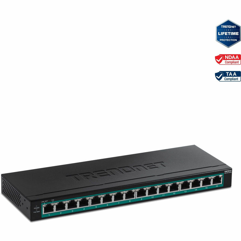 Front view of TRENDnet TPE-TG160H 16-port Gigabit PoE+ switch showing all ports and LED indicators