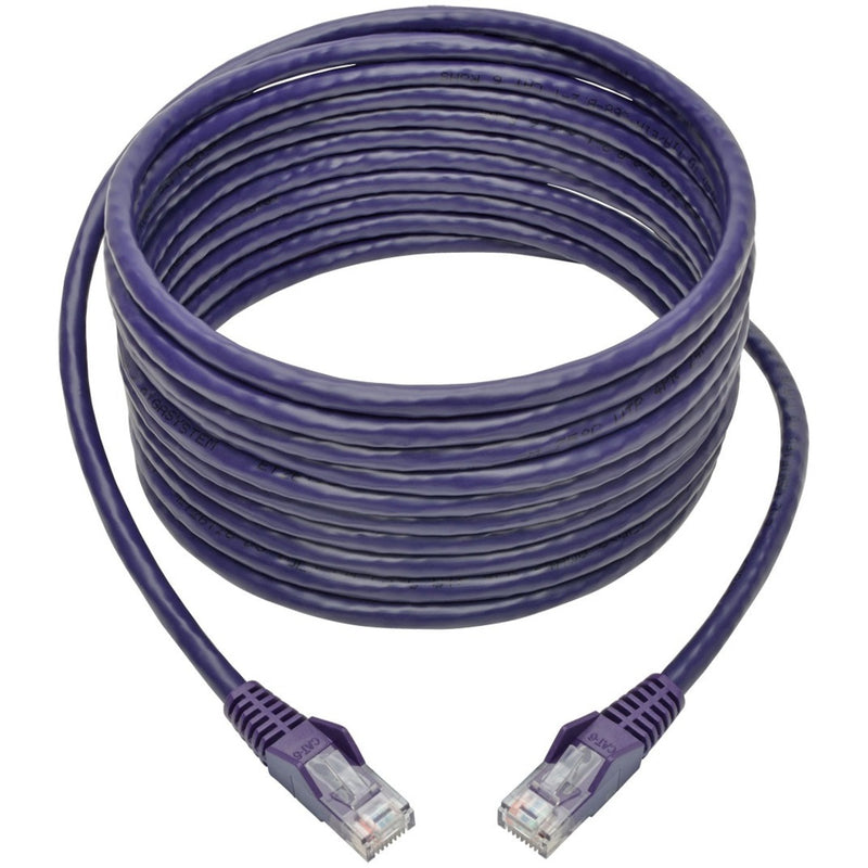 Full length view of coiled purple Cat6 ethernet cable showing flexibility and length