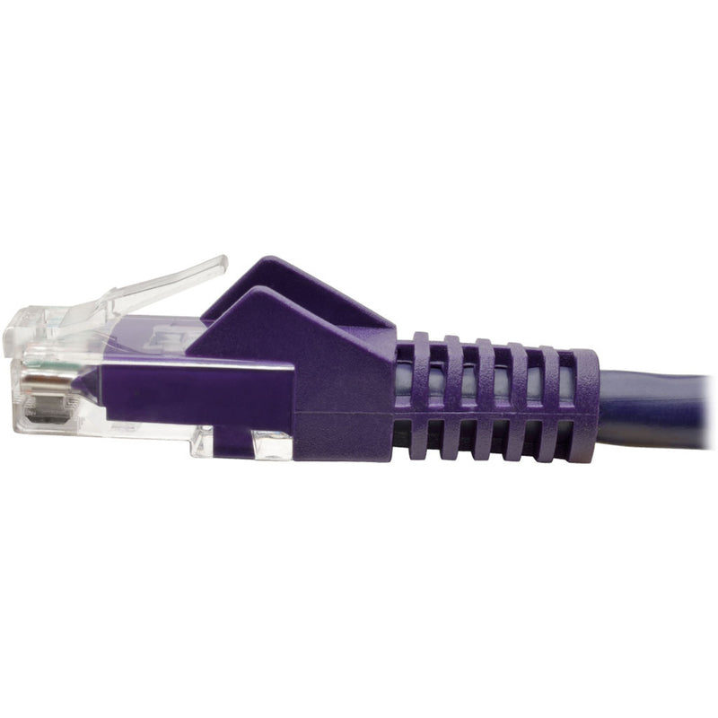 Close-up angled view of Cat6 connector showing transparent housing and purple boot design