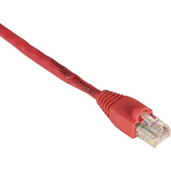 Close-up view of red Cat.5e network cable showing gold-plated RJ-45 connector and snagless boot design