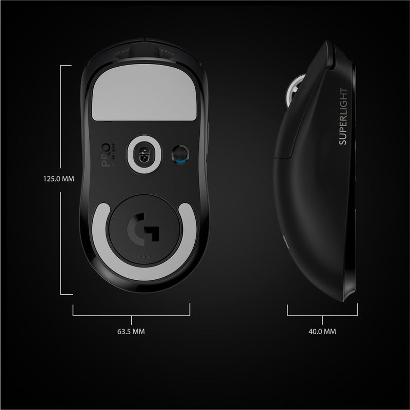 Dimensional specifications of PRO X SUPERLIGHT showing exact measurements