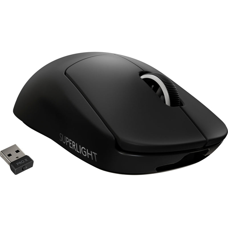 Logitech G PRO X SUPERLIGHT wireless gaming mouse in black with USB receiver, side view showing streamlined design