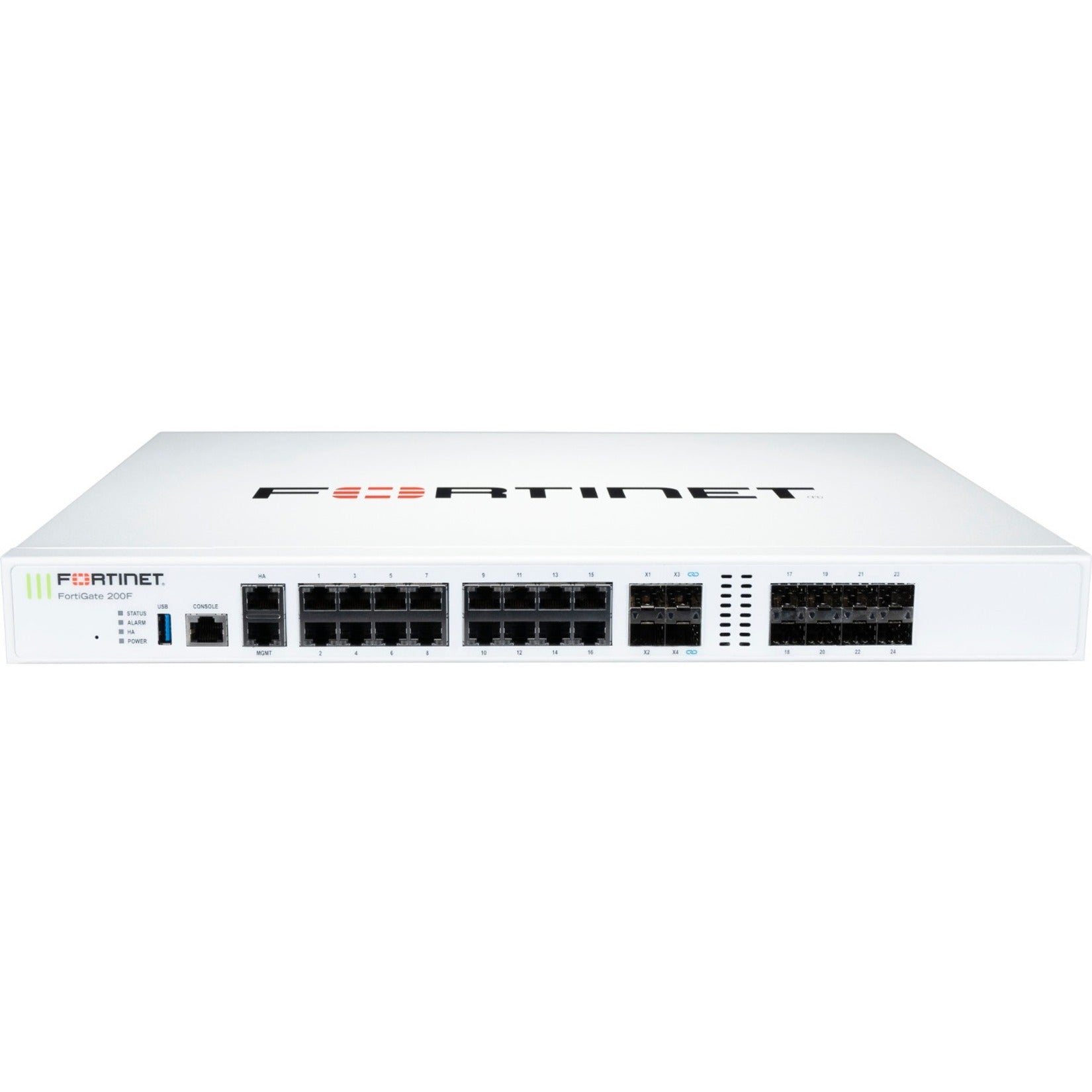 Front view of Fortinet FortiGate FG-200F security appliance showing 18 networking ports, LED indicators, and console port against white background-alternate-image1