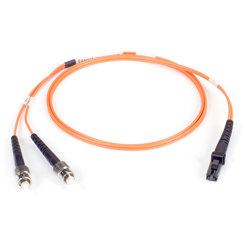 Full length view of orange fiber optic patch cable with ST and LC connectors coiled in circular pattern