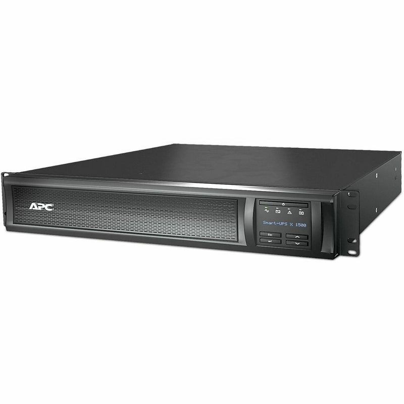 Front view of APC Smart-UPS X 1500VA rack-mounted UPS showing LCD display panel and mesh front grille