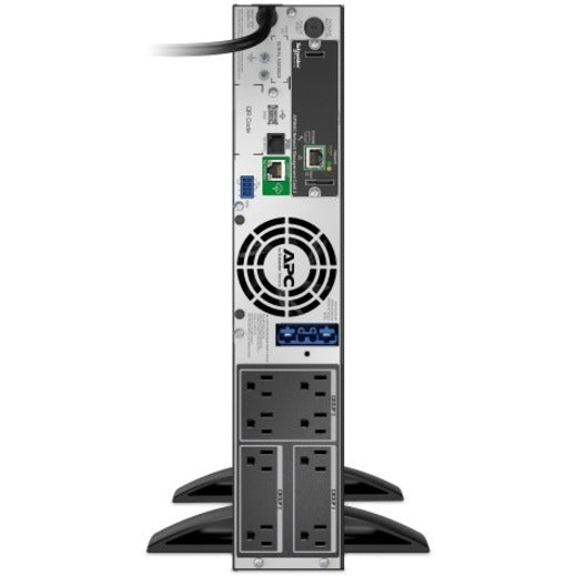 APC Smart-UPS in tower orientation showing vertical mounting configuration with connectivity ports and outlets