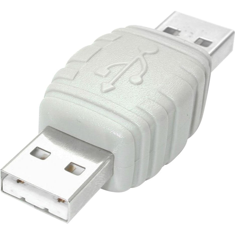 White USB Type-A male to male adapter connector showing durable construction and USB symbol