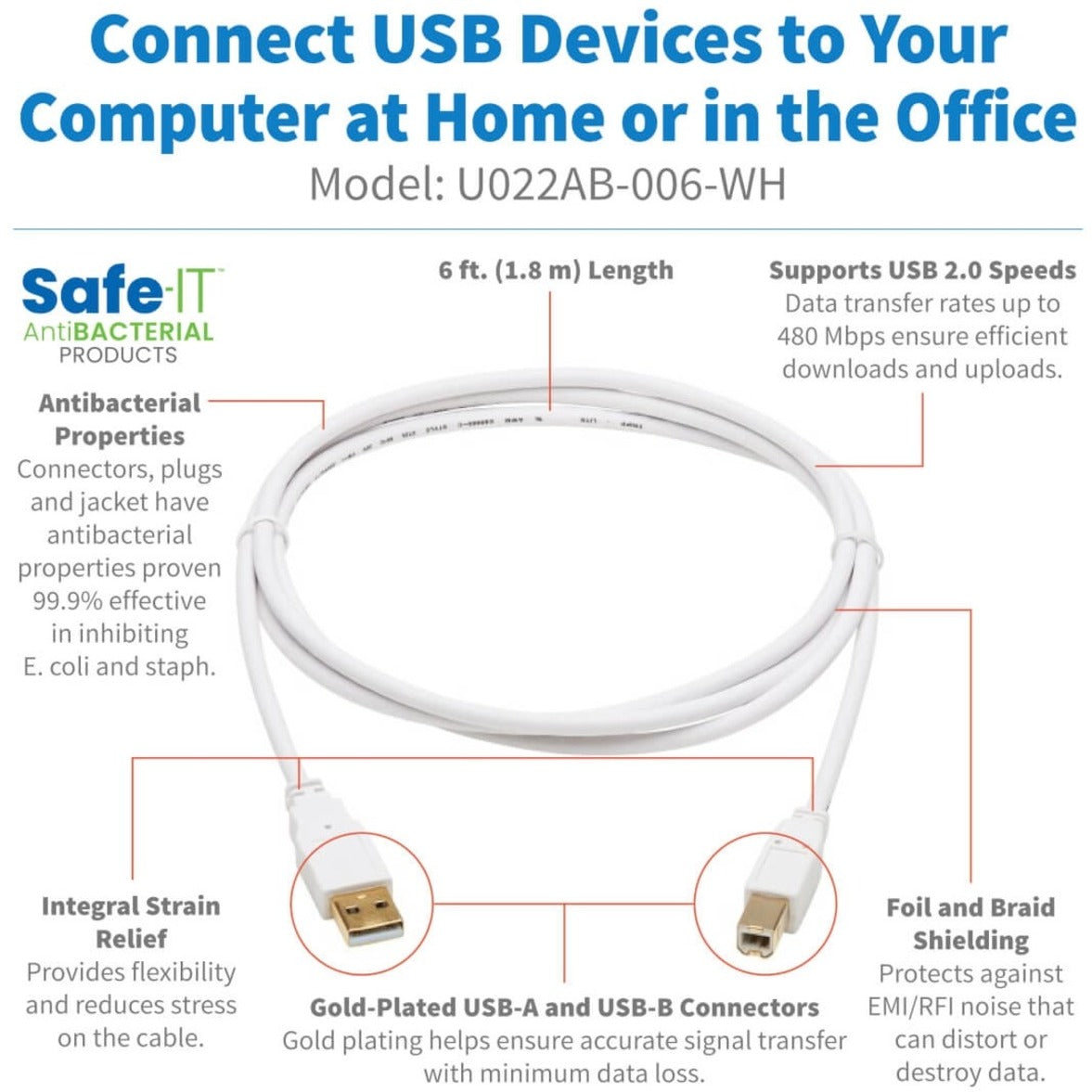 كابل مضاد للبكتيريا USB-A إلى USB-B من تريپ لايت U022AB-006-WH (M/M)، أبيض، بطول 6 أقدام (1.83 م)