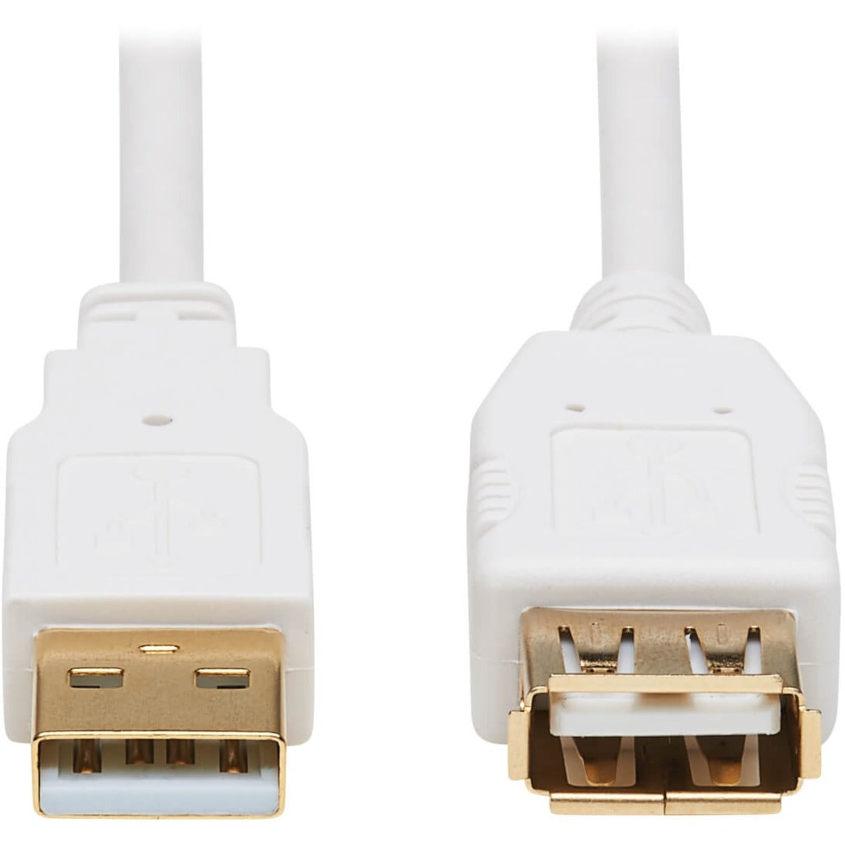 Close-up view of gold-plated USB-A male and female connectors with white antimicrobial housing-alternate-image1