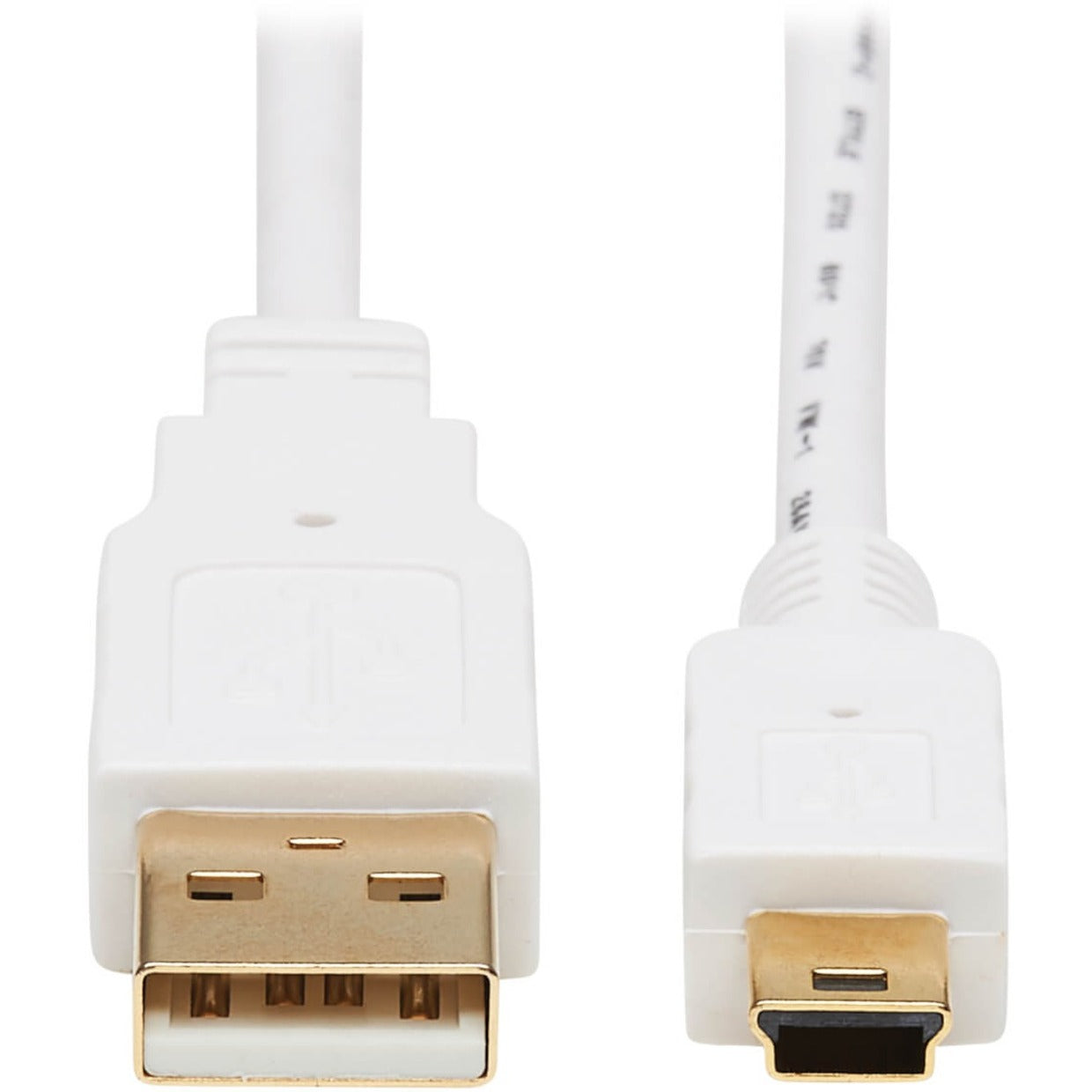 Close-up view of white USB-A and Mini-B connectors with gold-plated contacts showing premium construction-alternate-image1