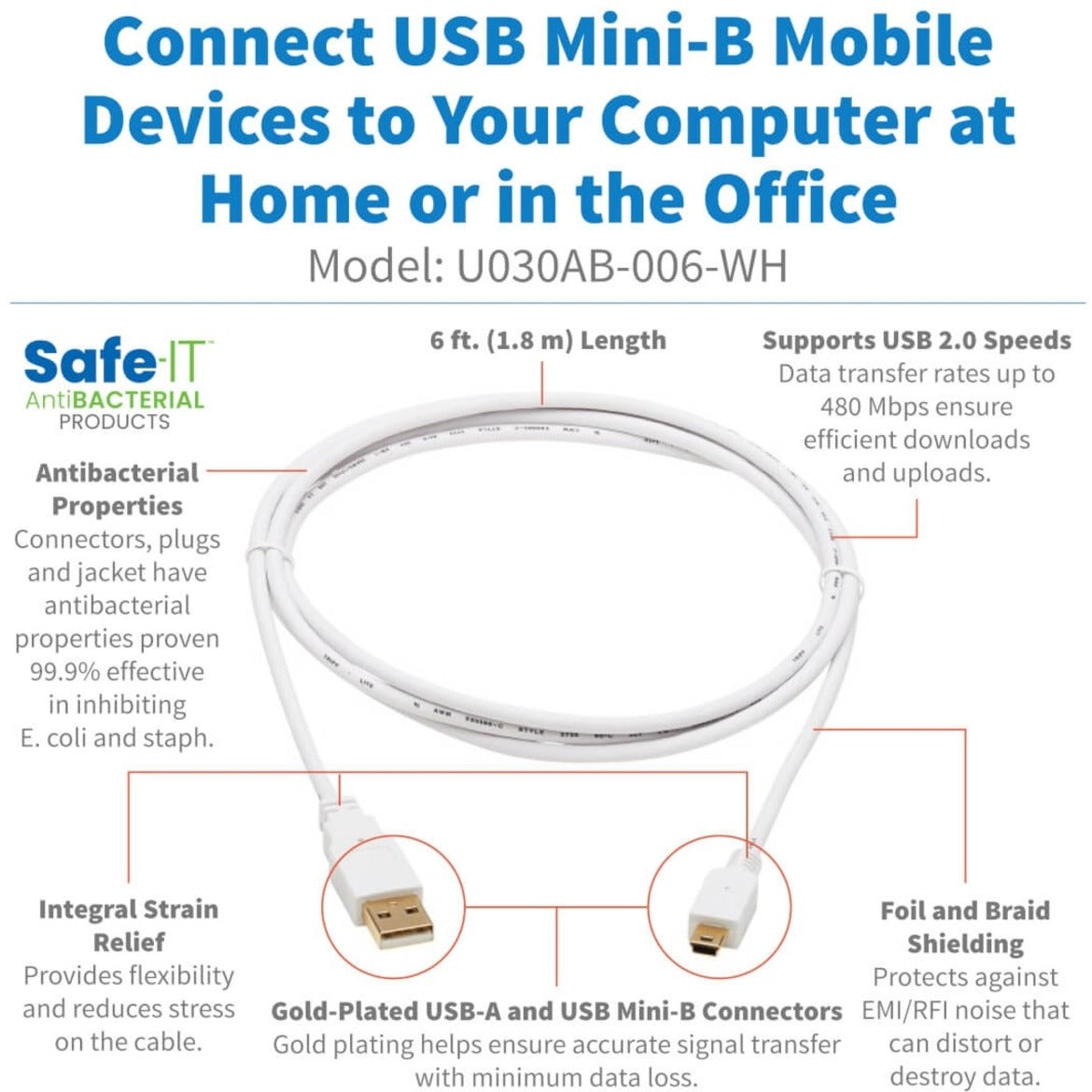 Tripp Lite U030AB-006-WH USB-A to USB Mini-B Antibacterial Cable (M/M) USB 2.0 White 6-ft. (1.83 m) Tripp Lite U030AB-006-WH USB-A naar USB Mini-B Antibacteriële Kabel (M/M) USB 2.0 Wit 6-ft. (1.83 m)