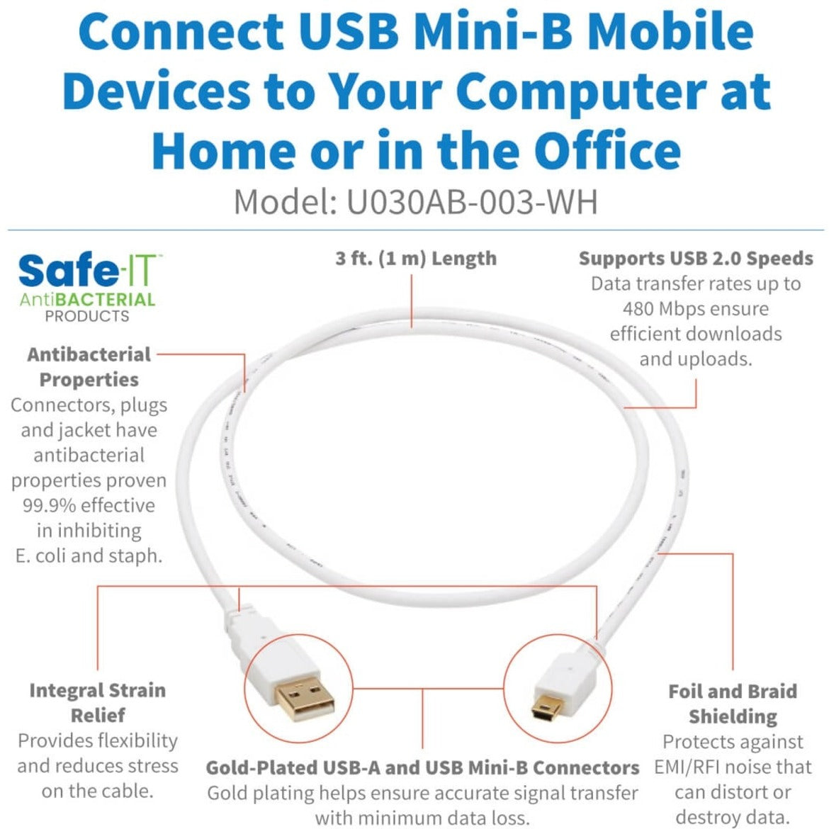 كابل USB-A إلى USB Mini-B مضاد للبكتيريا (M/M) من تريب لايت U030AB-003-WH، USB 2.0، أبيض، 3 أقدام (0.91 م)