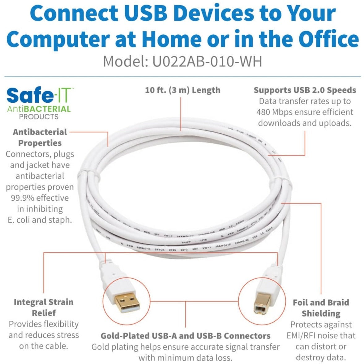 สายเคเบิล USB-A ถึง USB-B ป้องกันแบคทีเรีย (ผู้ชาย/ผู้ชาย) USB 2.0 สีขาว 10 ฟุต (3.05 เมตร)