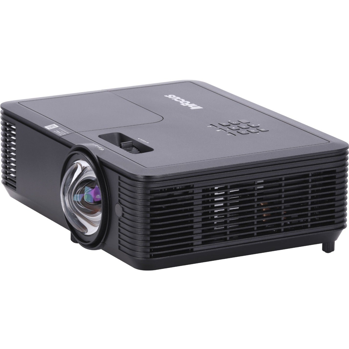 Side angle view of InFocus IN116BBST DLP projector showing short-throw lens and ventilation design-alternate-image1