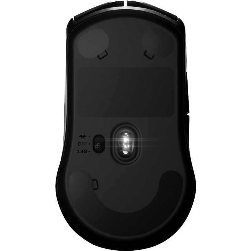 Bottom view of SteelSeries Rival 3 gaming mouse showing wireless connectivity features