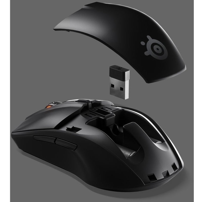 Exploded view of SteelSeries Rival 3 gaming mouse showing modular components and USB receiver