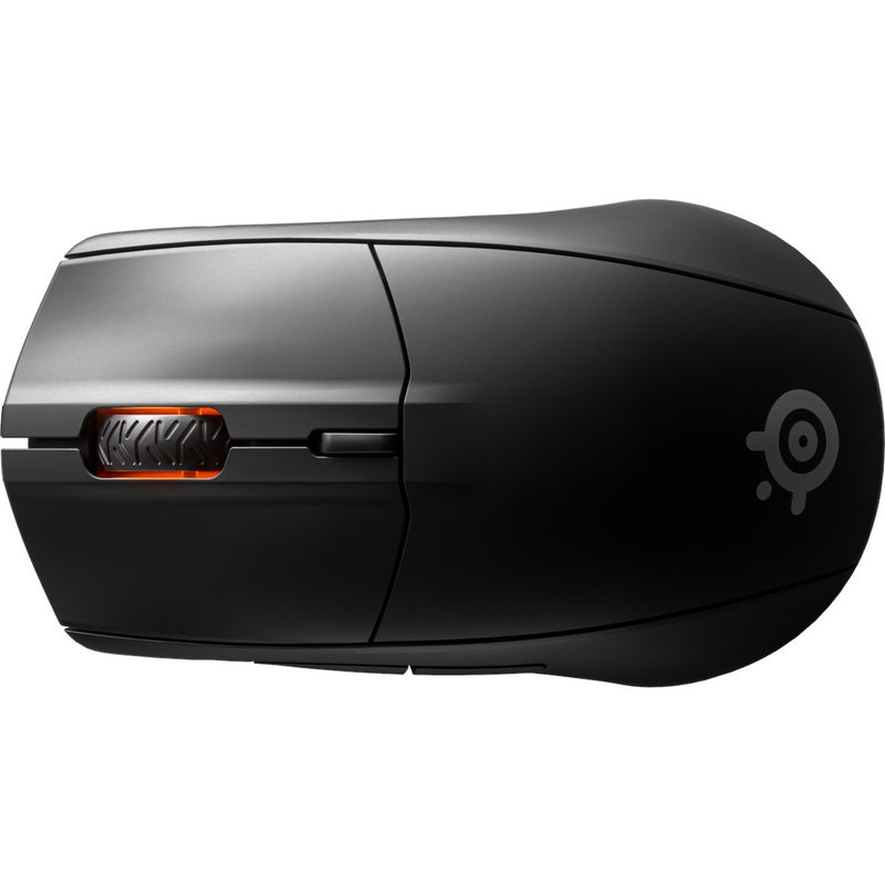 Top view of SteelSeries Rival 3 gaming mouse showing matte black finish and orange-accented scroll wheel