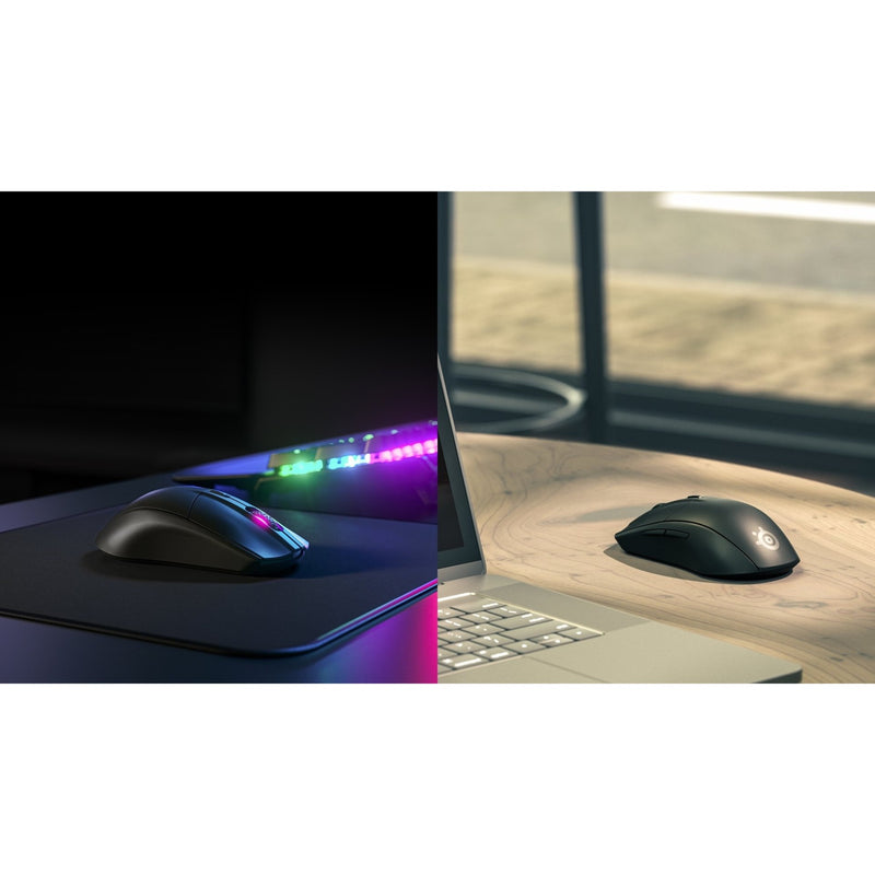 Split view of SteelSeries Rival 3 gaming mouse in gaming and professional work environments