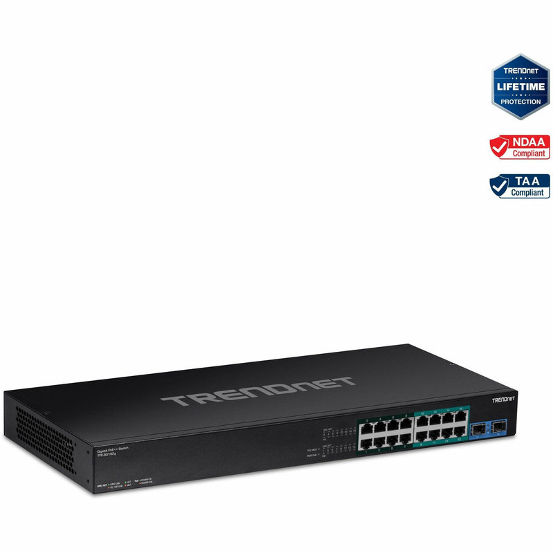 Front view of TRENDnet TPE-BG182G 18-port Gigabit PoE++ network switch showing ports and status LEDs