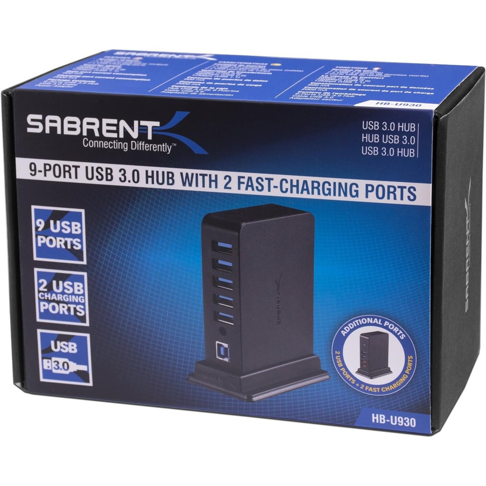 Sabrent HB-U930 7 Port USB 3.0 HUB + 2 Charging Ports with 12V/4A Power Adapter, High-Speed Data Transfer and Fast Charging for PC, Mac, Linux