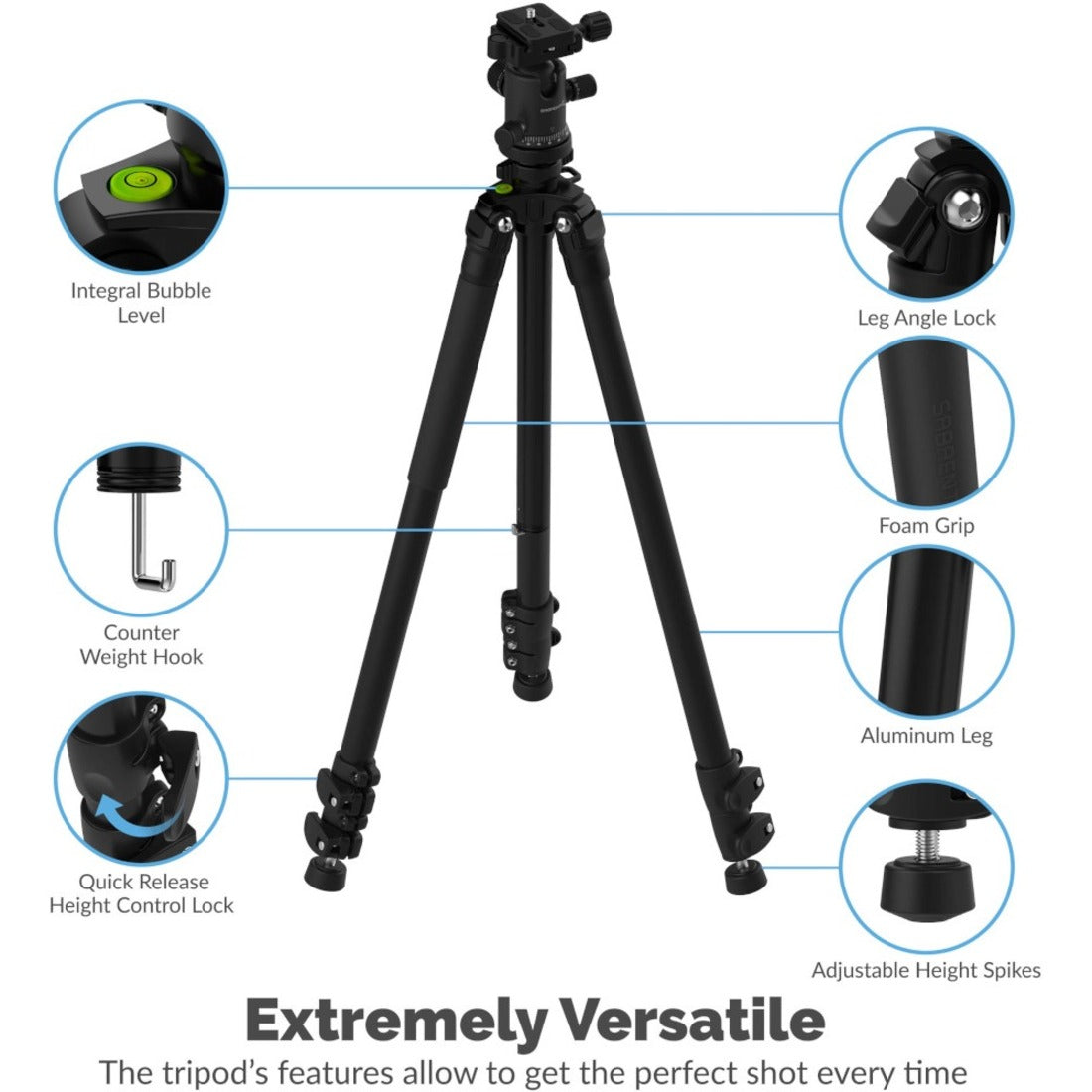 Sabrent TP-AL65 65 Inch Aluminum Tripod With 360 Degree Full Motion Camera Mount, Lightweight and Versatile