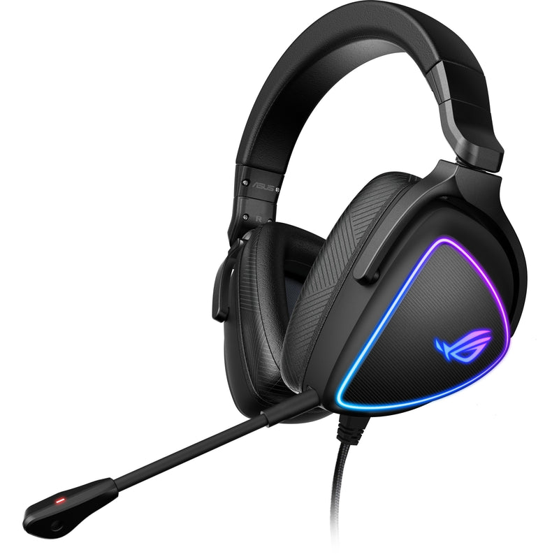 ASUS ROG Delta S gaming headset with RGB lighting and detachable microphone in matte black finish