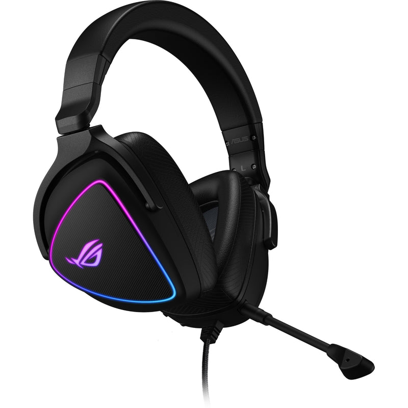 Side profile of ROG Delta S gaming headset showing RGB lighting and microphone placement