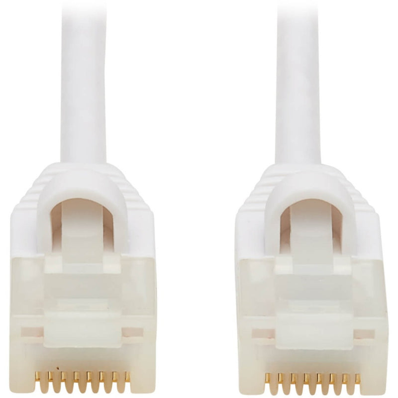 Close-up view of white RJ45 connectors with gold-plated contacts on Cat6a network cable