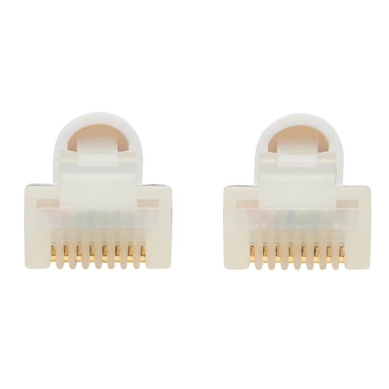 Detailed front view of white RJ45 connectors showing gold-plated contact arrangement