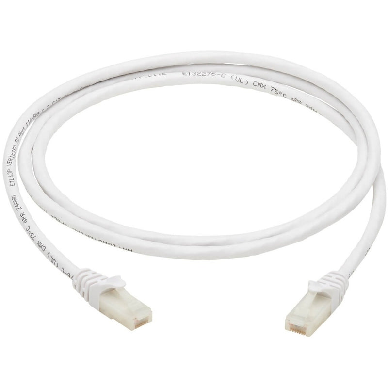 Full view of white Cat6a network cable with RJ45 connectors on both ends