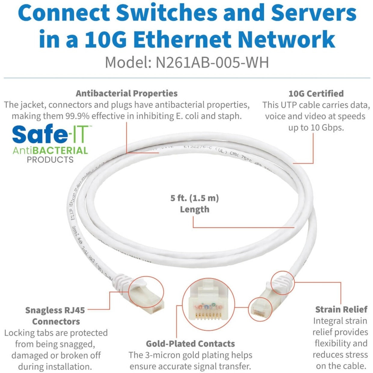 Tripp Lite N261AB-005-WH Cat.6a UTP Cavo di Rete 5 ft Bianco 10 Gbit / s Velocità di Trasferimento Dati