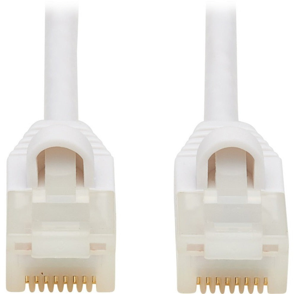 Close-up view of white Cat6a cable RJ45 connectors with gold-plated contacts and snagless design-alternate-image1