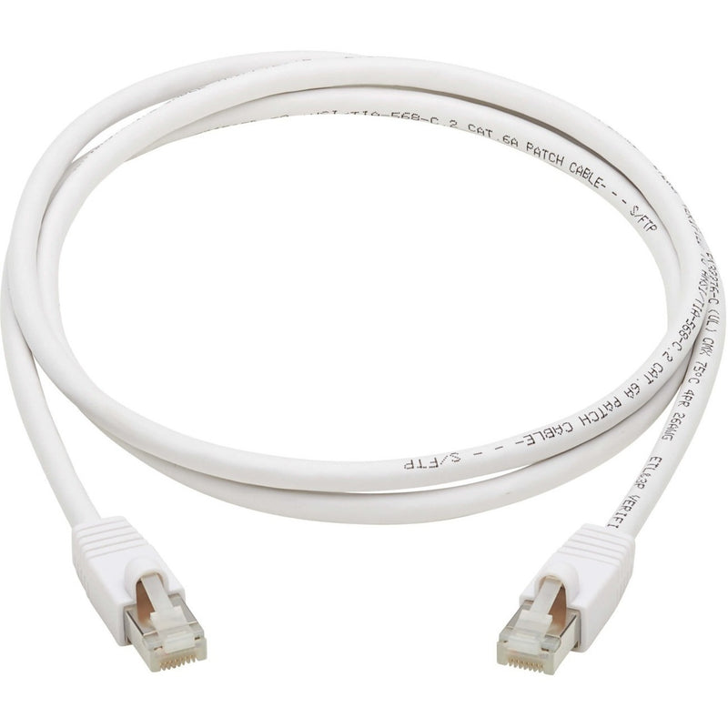 Full length view of white Cat6a cable with RJ45 connectors