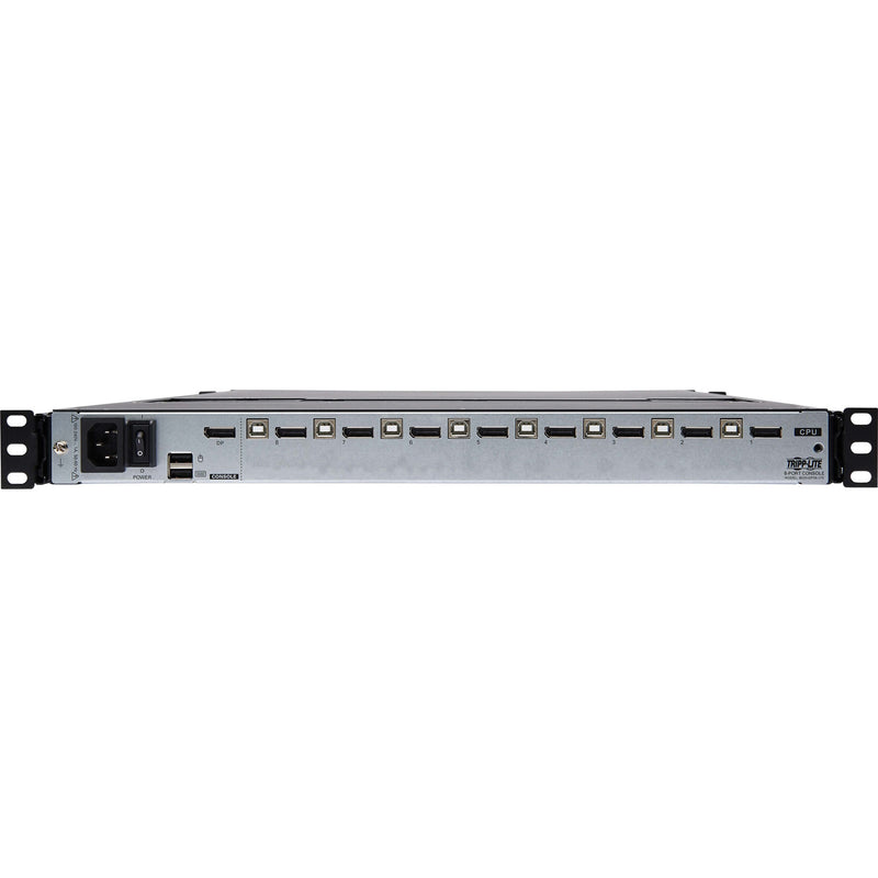 Rear view of Tripp Lite KVM switch showing eight DisplayPort connections and USB ports