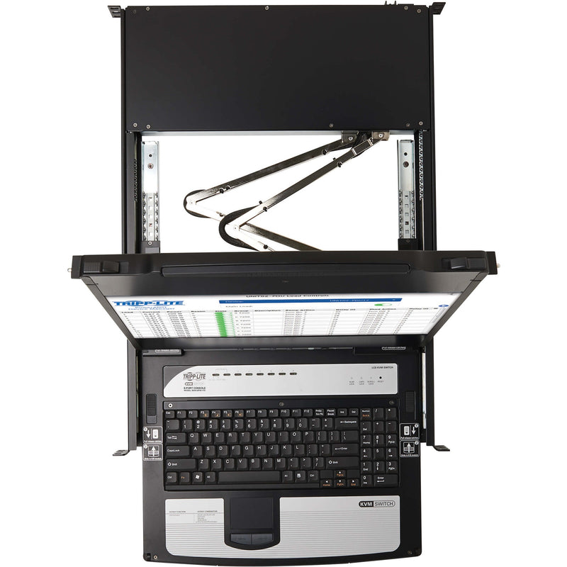 Top view of KVM console showing rail system and positioning mechanism