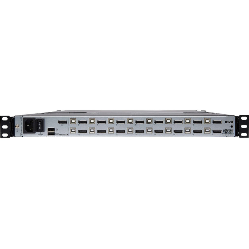 Rear view of Tripp Lite KVM switch showing 16 DisplayPort and USB connections