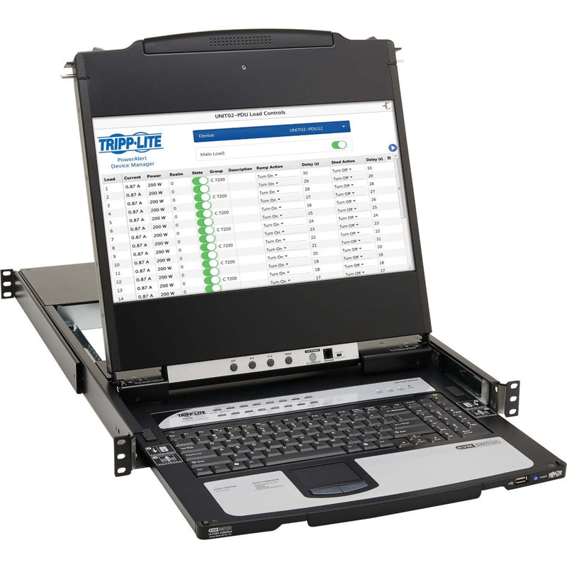 Tripp Lite KVM console showing PowerAlert management interface on 17-inch LCD display with keyboard