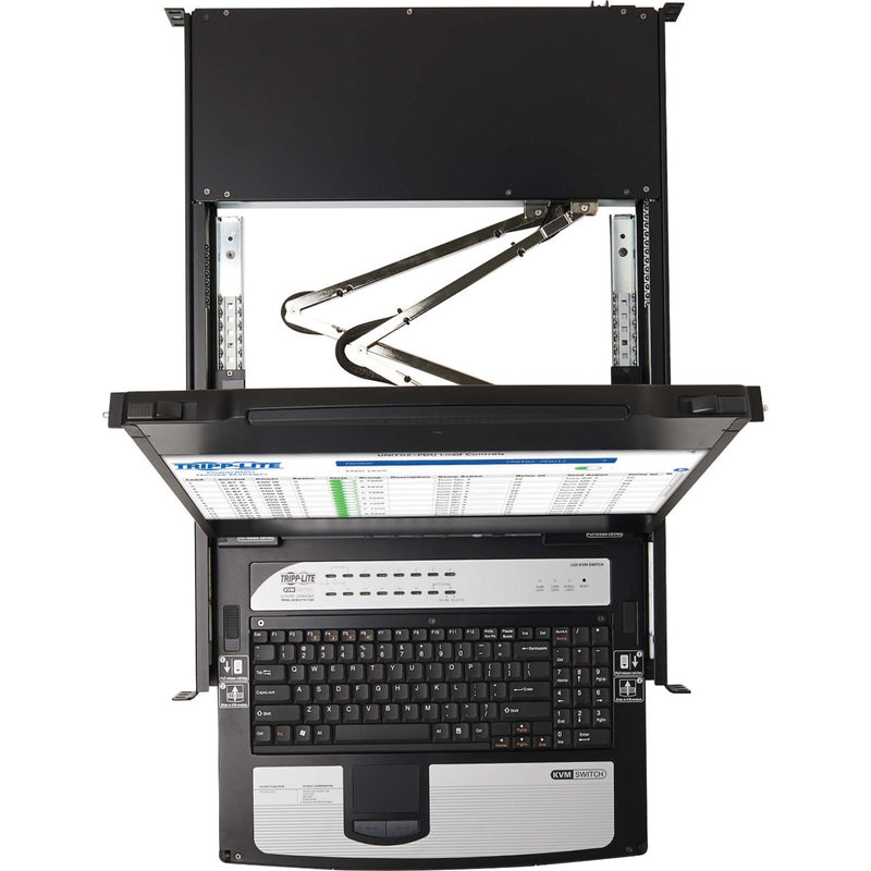 Top view of Tripp Lite KVM console showing mounting system and rail mechanism