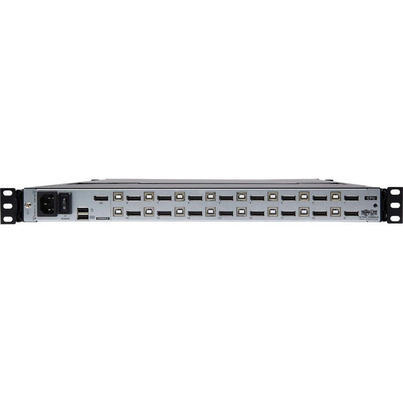 Rear view of Tripp Lite KVM switch showing 16 DisplayPort ports and USB connections