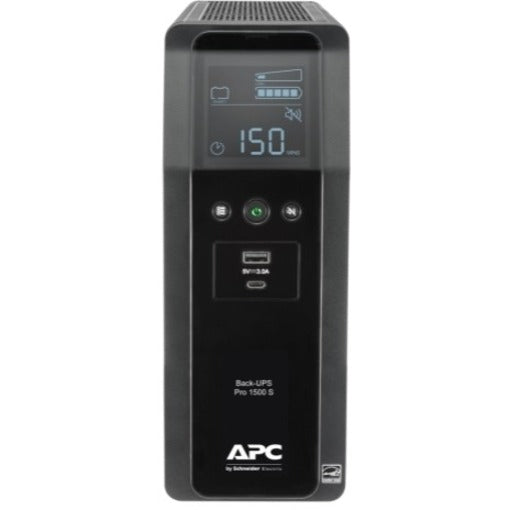 Profile view of APC BR1500MS2 UPS tower showing compact vertical design and control interface