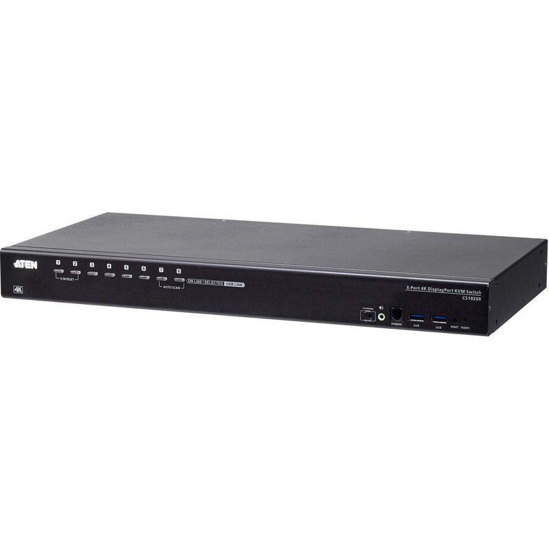 Front view of ATEN CS19208 8-port KVM switch showing control buttons and 4K DisplayPort capabilities