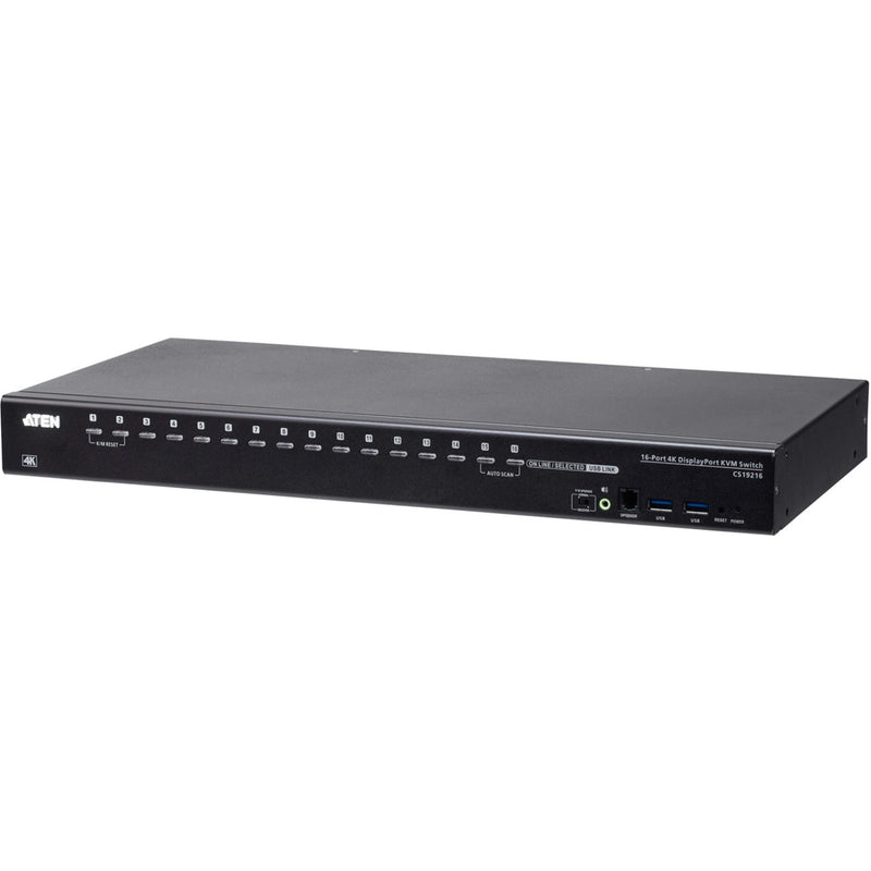 Front view of ATEN CS19216 16-port KVM switch showing control buttons and USB ports