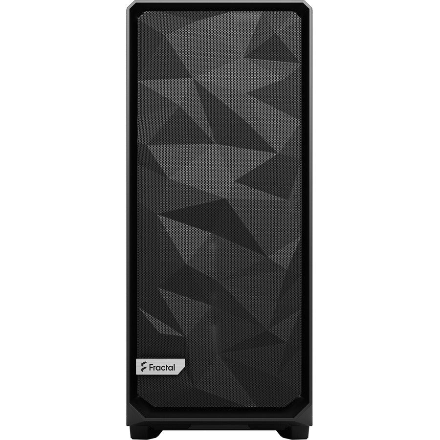 Direct front view of Meshify 2 XL case highlighting the angular mesh pattern and Fractal Design branding-alternate-image2