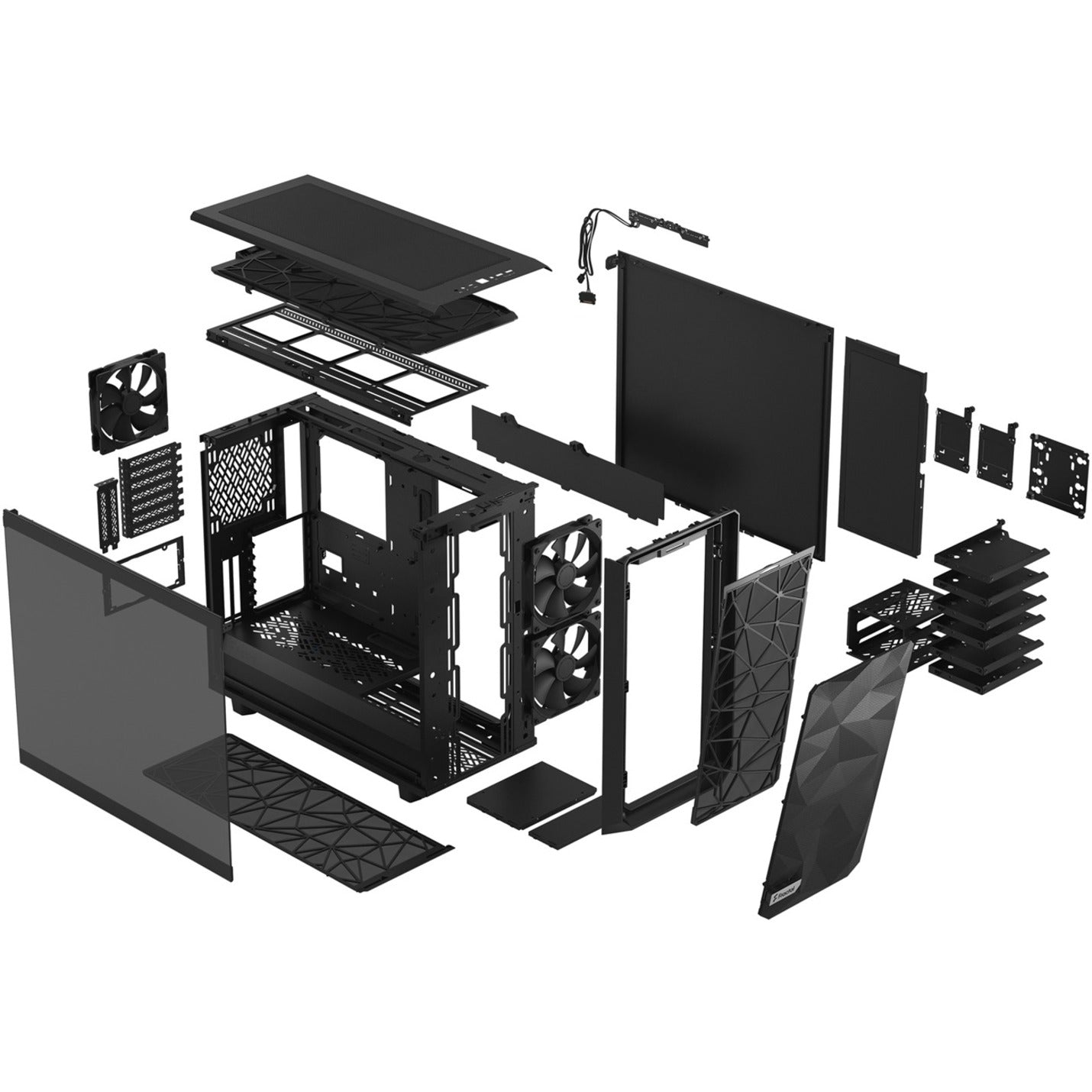 品牌名称：分形设计 型号：FD-C-MES2A-03 产品名称：Meshify 2 电脑机箱，塔式，黑色，钢制，钢化玻璃，8个扩展插槽，已安装3个风扇