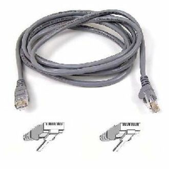 Belkin 30ft Cat 6 UTP network patch cable in gray with RJ-45 connectors and connector pin diagrams