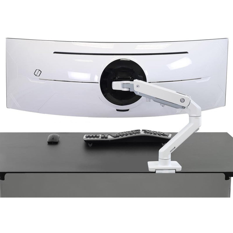 Rear view of ultra-wide curved monitor mounted on Ergotron HX arm showing clean installation